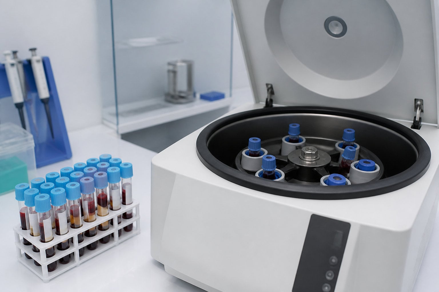 Tubes de prélèvement sanguin dans une centrifugeuse de laboratoire pour un traitement PRP.