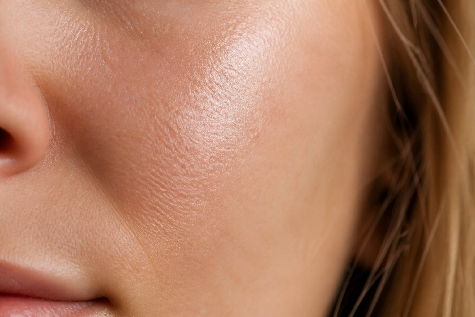 Gros plan sur une joue féminine montrant une texture de peau naturelle et saine avec un grain affiné.